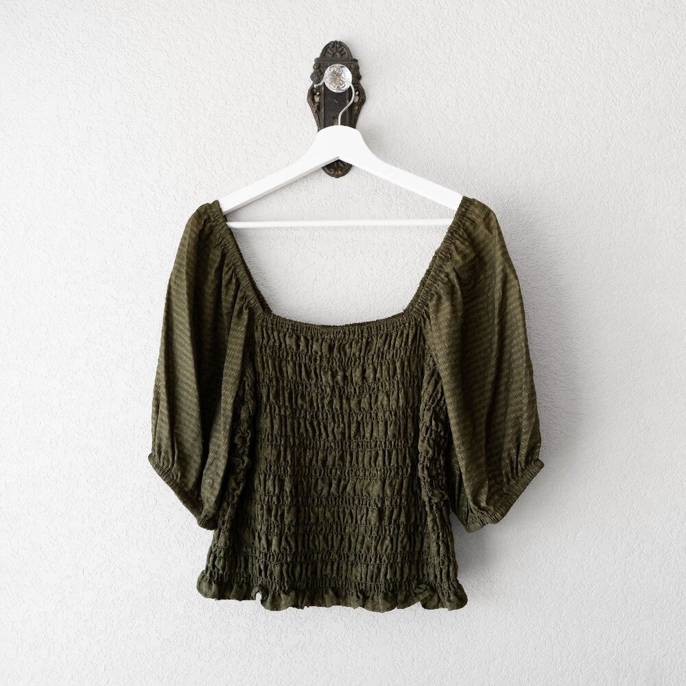 Old Navy L Olive Green Smocked Puff Sleeve Top Cottagecore Blouse